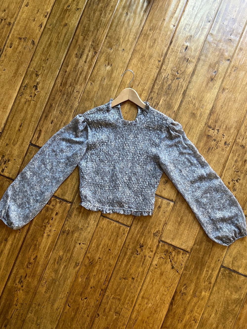Whimsygoth, fairytale, Y2K , croquette  Gray Smocked Puff-Sleeve Top